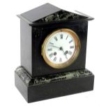 A black slate and marble portico shaped mantel clock, the white enamel dial with Roman numerals,
