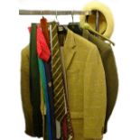Two gents tweed jackets, trousers, ties etc. (a quantity)