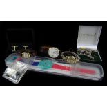 A quantity of modern dress watches, cufflink's, Swatch watch, silver charm bracelet, modern silver