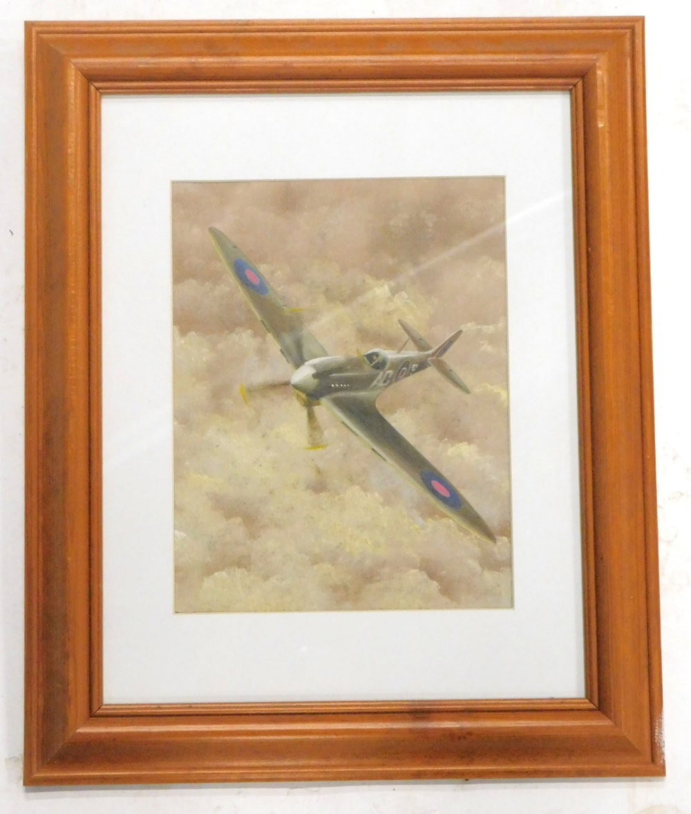 20thC School. Spitfire in the clouds, oil on board, 24cm x 17cm.