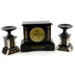 A French black slate and marble clock garniture, the clock itself with a central gilt metal dial and