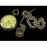 A silver pocket watch and chain, the pocket watch with white enamel dial, key wind, with curb link