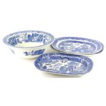 A Wedgwood Willow pattern wash bowl, 40cm W and three Willow pattern meat dishes.