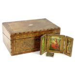 A Victorian walnut and parquetry writing box, lacking part of interior, 34cm W, and other items.