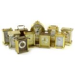 Various brass and brass effect carriage timepiece, to include a number stamped London Clock Company,