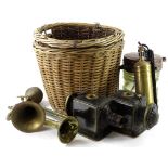 Miscellaneous metalware, to include a car horn, coaching lamps, ships lantern and a fire