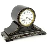 A French black slate and marble mantel clock, the part cylindrical inset with a white enamel dial
