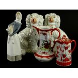 A collection of porcelain, to include Lladro figure of a lady with a lamb, pair of Staffordshire
