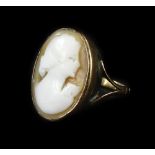 A cameo dress ring, with single cameo, of lady looking right, in rub over setting, 1.8cm x 1.4cm,