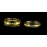 Two wedding bands, to include an 18ct gold band, with cross design borders, ring size T½, and a