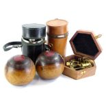 Bygones collectables, small Sexton, plated travel decanter set in leather case, 21cm H, another