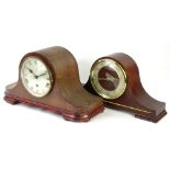 Two mahogany mantel clocks, each of Napoleon type hat form with Westminster chime, 42cm W.