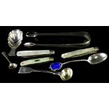 Various small silver, to include a caddy spoon with leaf shaped bowl, sugar tongs, spoons and