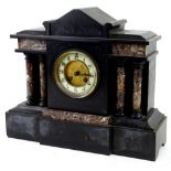 A portico type French black slate and marble mantel clock, the enamel type dial with Roman Numerals,