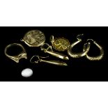 A quantity of 9ct gold and other jewellery, comprising a 9ct gold pendant, with swords and smoke, 2g