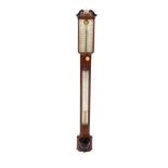 A George III stick barometer by Bate of London, in a bowfront mahogany case with broken arched