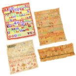 A William IV pictorial and alphabet sampler, by Ellen Harrison, dated 1836, 19cm x 19cm, another