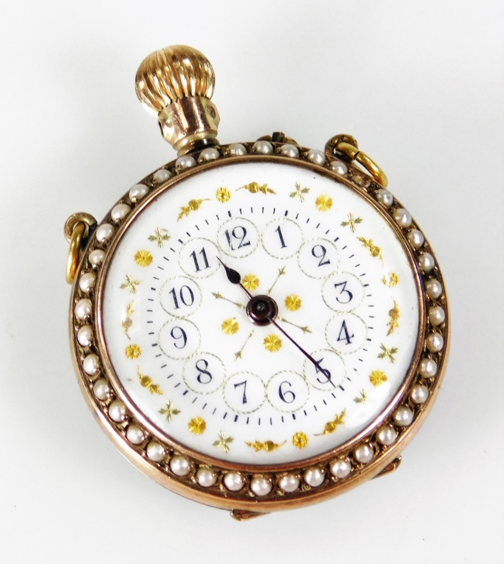 A Victorian fob watch, with blue enamel back depicting cherub with seed pearl set borders, white