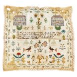 A William IV pictorial sampler, by Mary Ann Harrison aged 10, dated 1836, set with buildings and