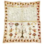 A William IV pictorial, alphabetic and motto sampler, referencing a Mrs Danby, set with a tree and