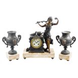 A French bronze clock garniture, the 9cm Dia. dial fitted in an elaborate case, surmounted