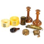 An early 20thC Cianranald Tartan thimble case, 4cm H, two small oak candlesticks, circular parquetry