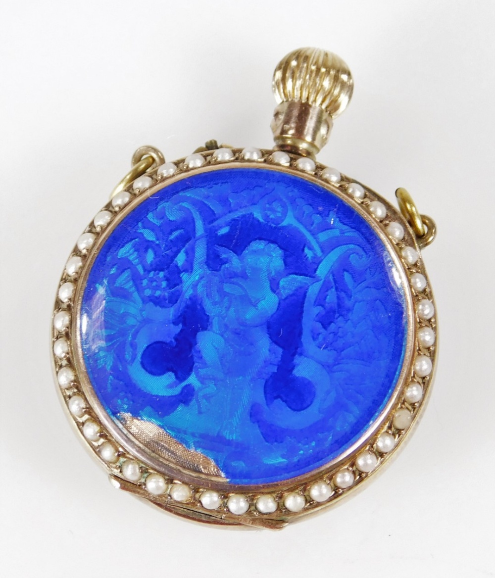A Victorian fob watch, with blue enamel back depicting cherub with seed pearl set borders, white - Image 2 of 3