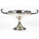 An Edwardian silver tazza, the compressed bowl flanked by shaped handles, on an inverted stem and