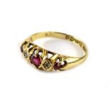 An 18ct gold ruby and diamond ring, with each stone in claw setting, diamonds set in diamond