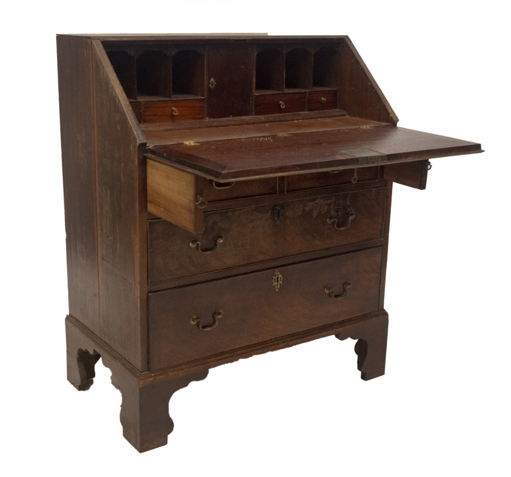 A George II walnut bureau, with flame veneered fall flap resting on lopers, revealing a fitted - Image 3 of 4