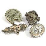 Four silver and other brooches, to include a silver plated Mizpah brooch, silver and silver gilt