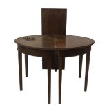 A George III mahogany D-end dining table, with plain top, frieze and square taper legs, 74cm H,