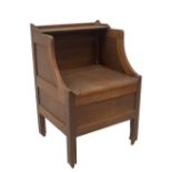 A George III oak night commode, with lift top and panel base on square legs, 84cm H, 57cm W, 50cm