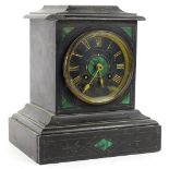 A late 19thC French black slate and malachite mantel clock, the dial with gilt Roman numerals,