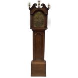 An 18thC oak longcase clock, with dentil moulded swan neck and fluted pillared hood, ball and