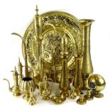 A quantity of brass, to include Middle Eastern souvenir coffee pots, chargers etc.