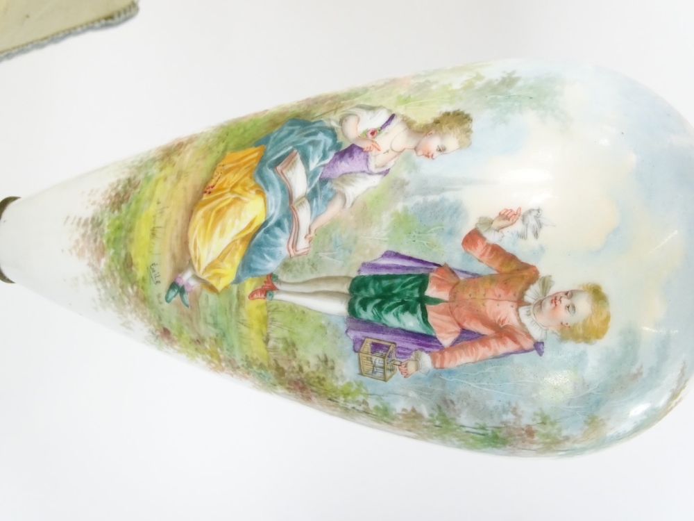 A late 19thC Sevres style porcelain lamp base, painted with French style figures, on a white ground, - Image 2 of 3