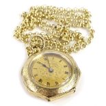 A 9ct gold fob watch, in octagonal case with etched design and enamel flower and crest to reverse,