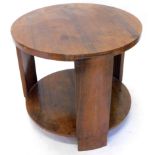 An Art Deco rosewood two tier occasional table, the circular top on plain supports, 92cm dia.