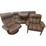 A vintage retro style Stressless type suite of furniture, comprising three seater sofa, armchair,