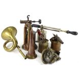 Miscellaneous metalware, to include a bugle, a car horn, various blow torches, a cycle lamp and a