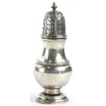 A Victorian silver sugar castor, with a turned finial and engraved and pierced lid, on a domed foot,