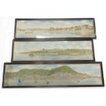 A set of three oriental silk landscape prints, each depicting Chinese river landscapes, to include