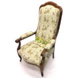 A 19thC mahogany show frame open armchair, the fabric decorated with medieval type jousting