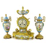 A late 19thC French ormolu clock garniture, with Sevres style mounts, the clock decorated with an