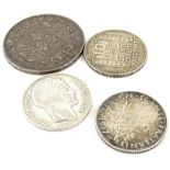 Various French silver coins, to include 1823 five franks, a 1917 two franks, a 1930 ten franks and