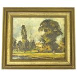 Late 19th/early 20thC School. Figures beside trees, and a church etc., oil on board, 23cm x 28cm.