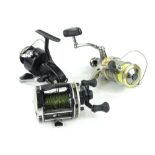 Three fishing reels, a Shimano Exage 400RA reel, a Mitchell 300C reel and a Abu Garcia Ambasadeur