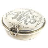 A George V silver pill box, the hinged lid engraved with a monogram, Birmingham 1930, 1oz, 5cm dia.