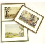 F. Milne ? Seaside cottages etc., indistinctly signed, 24cm x 34cm, and two other watercolours. (3)